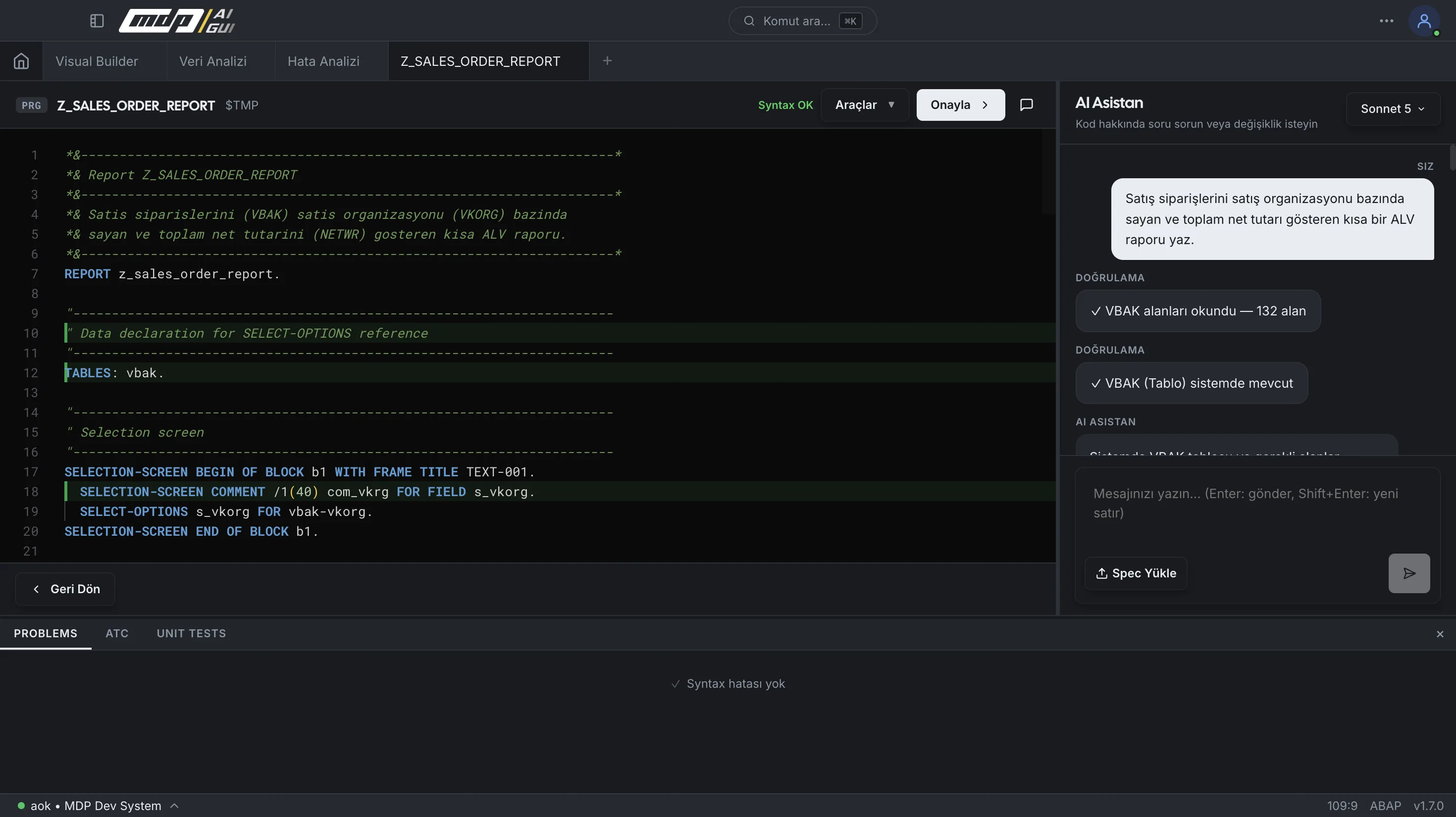 mdp/aigui — doğal dil isteminden üretilen ABAP kodu ve editör görünümü
