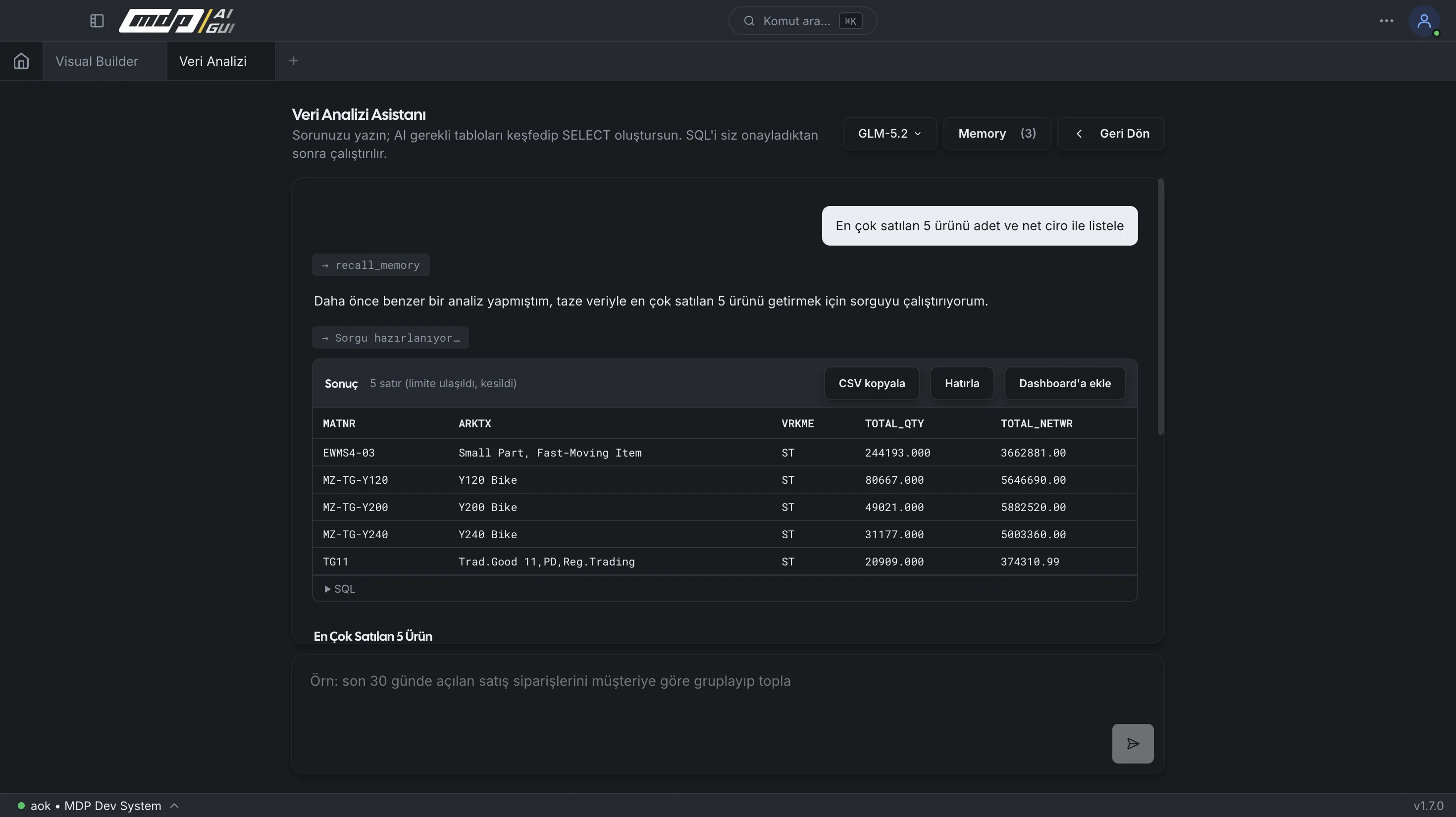mdp/aigui — doğal dille SAP veri analizi asistanı ve sorgu sonuç tablosu