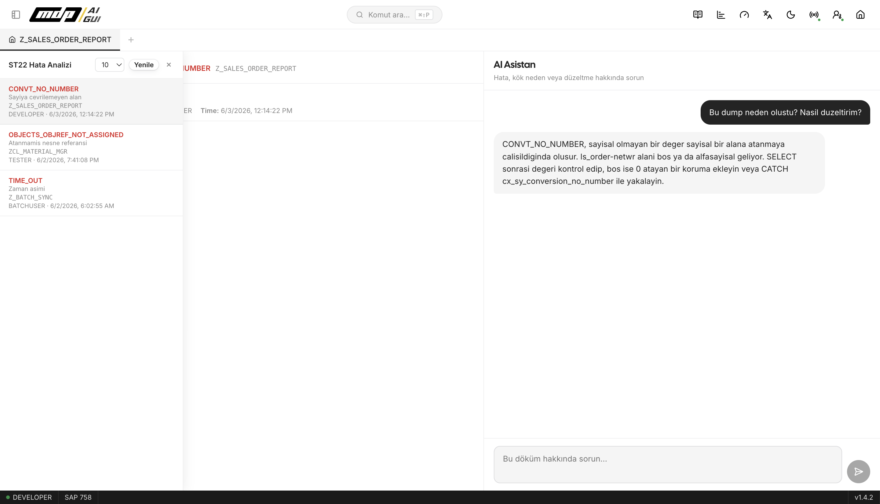 mdp/aigui — ST22 short dump analizi ve AI kök neden sohbeti