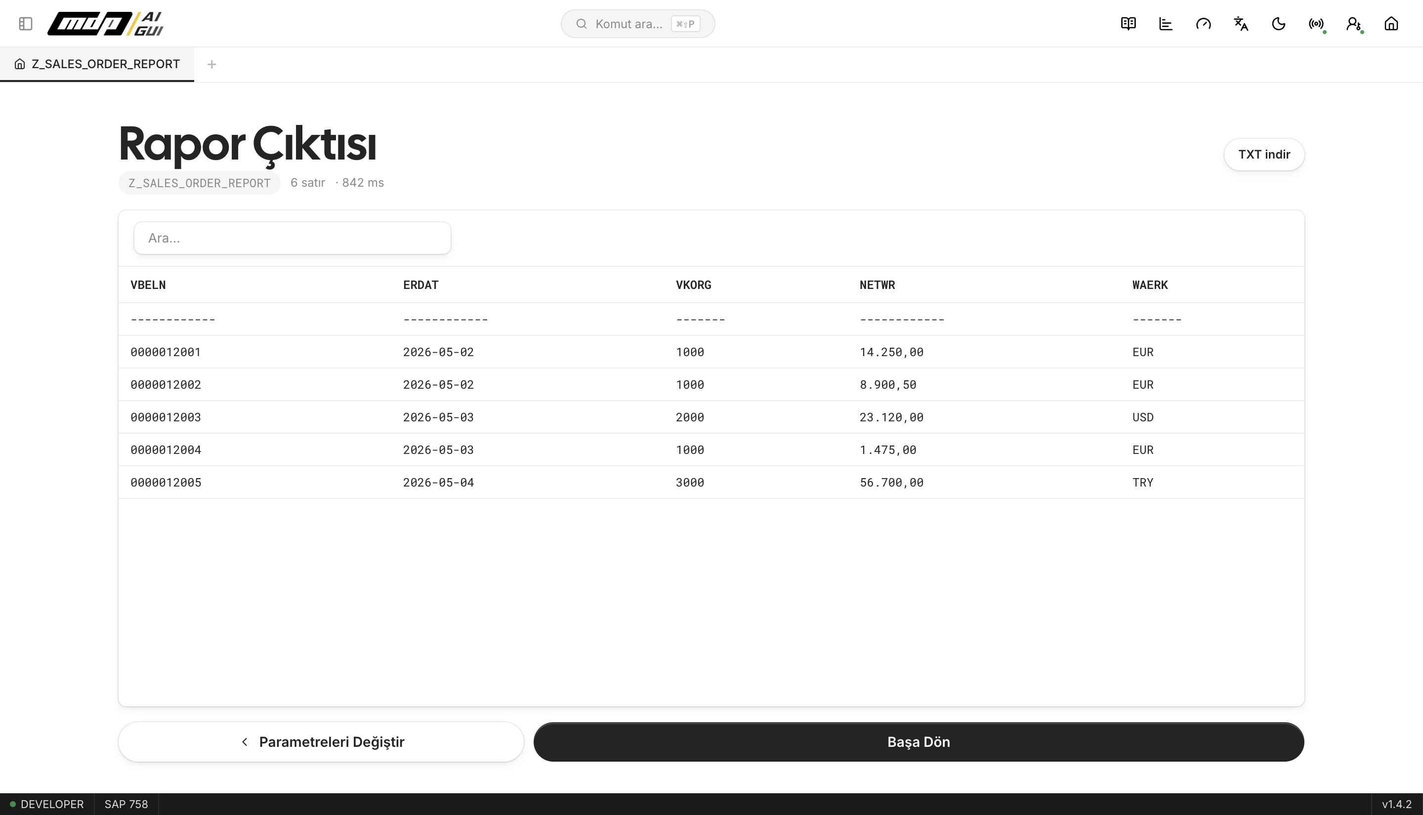 mdp/aigui — SAP raporunu çalıştırma ve sonuç tablosu