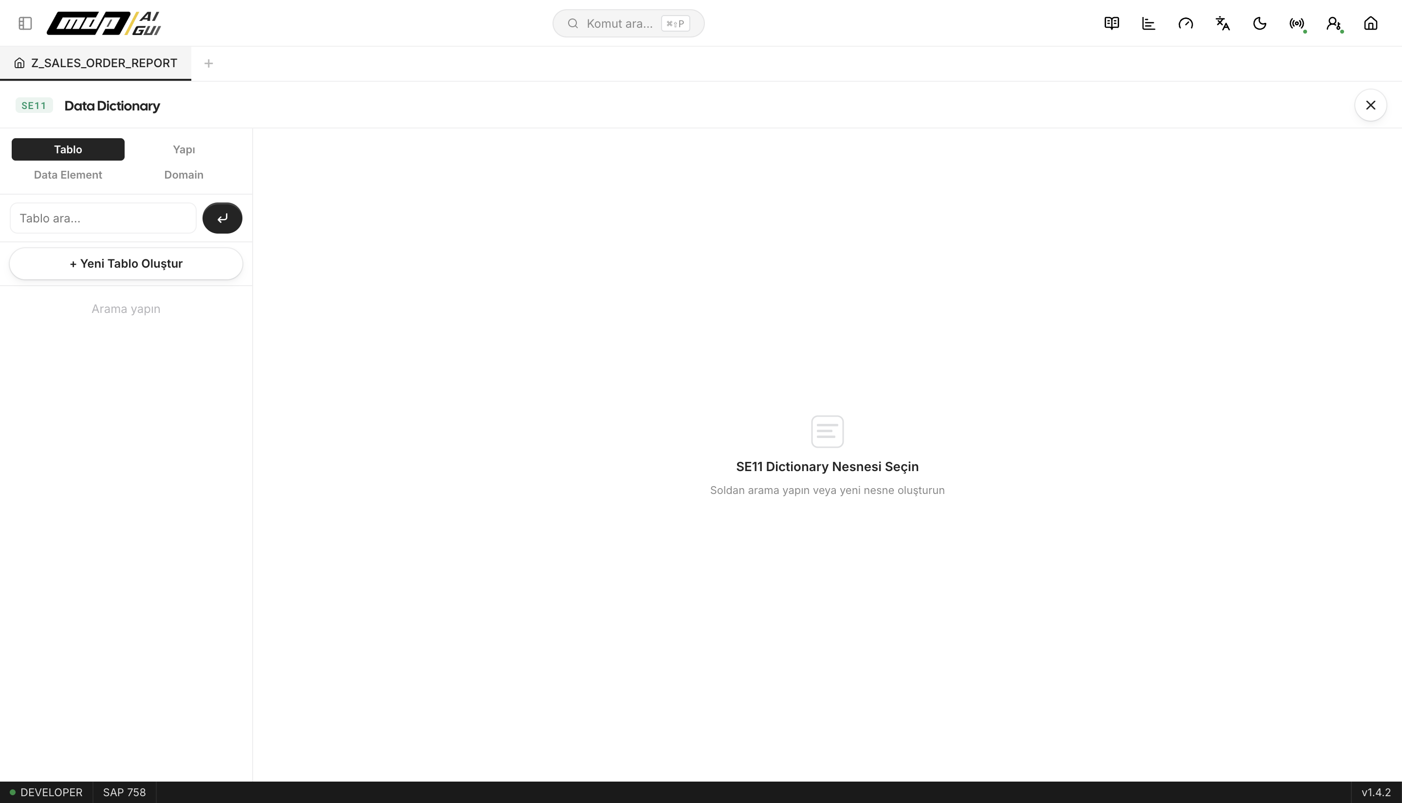 mdp/aigui — SE11 Veri Sözlüğü: tablo, yapı, data elementi ve domain yönetimi