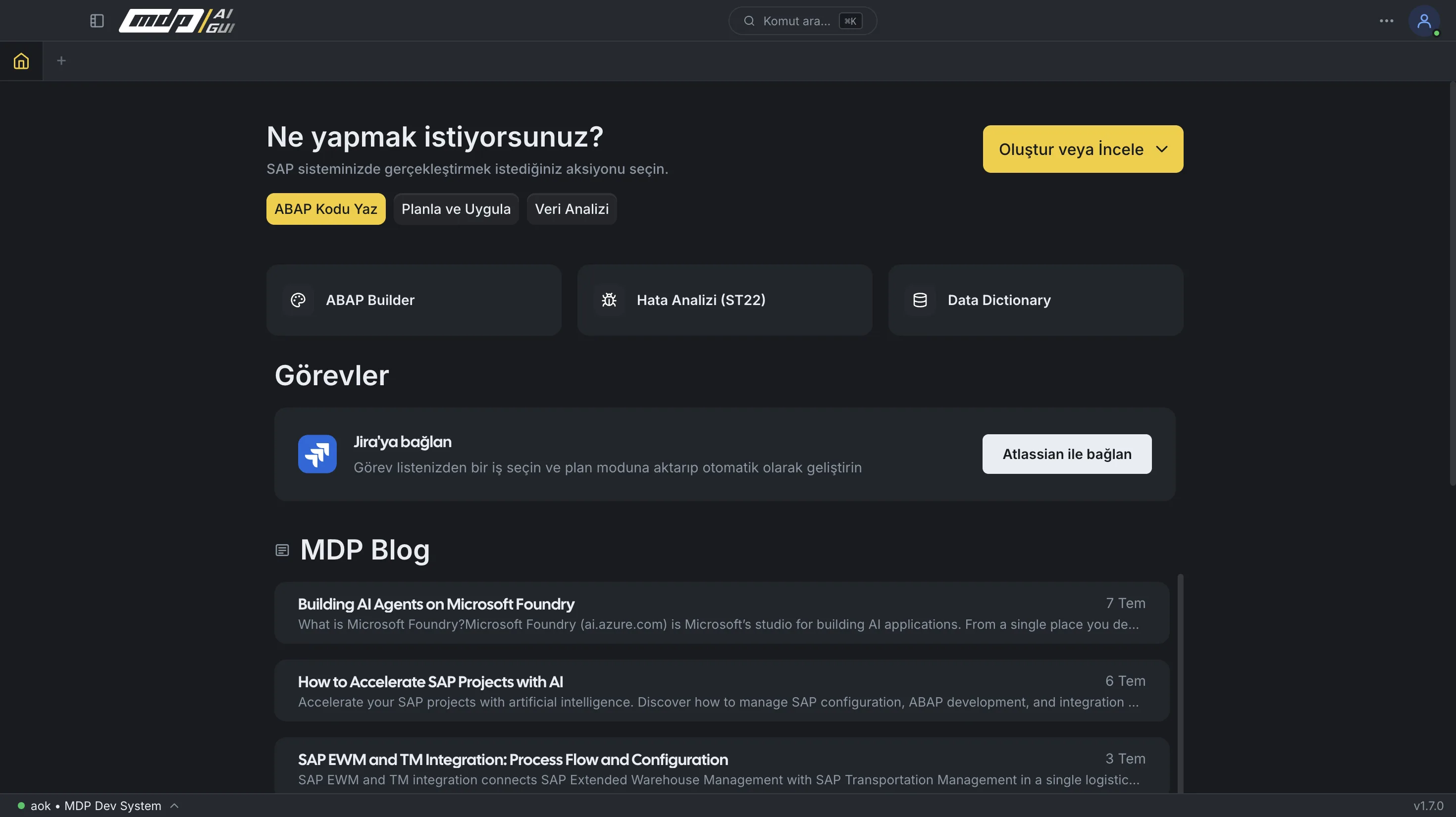 mdp/aigui Agentic ABAP IDE — ana ekran: eylem kartları, komut paleti ve modül kısayolları